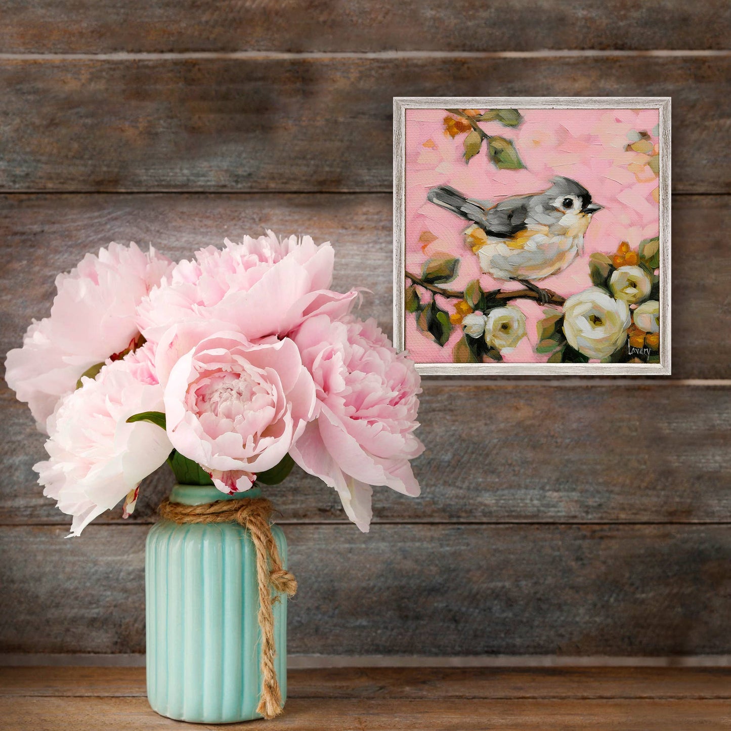 Tufted Titmouse On Pink Mini Framed Canvas